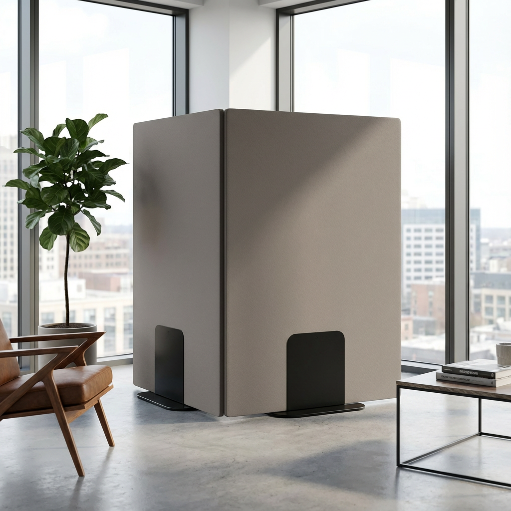 Modern beige acoustic office screen in an office setting