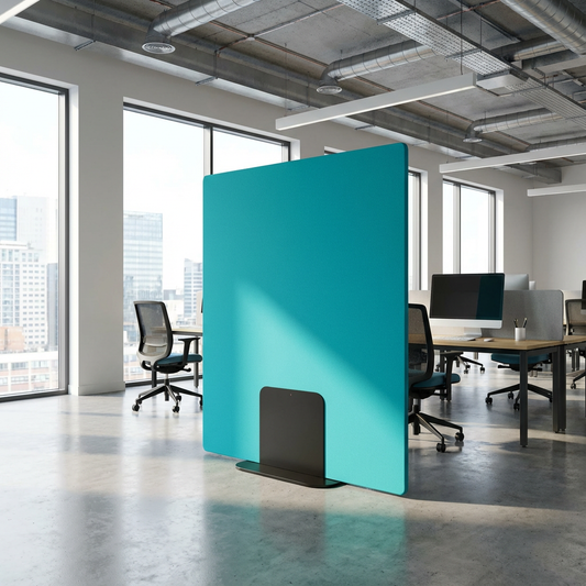 Turquoise acoustic office partition in a modern office setting with large windows.