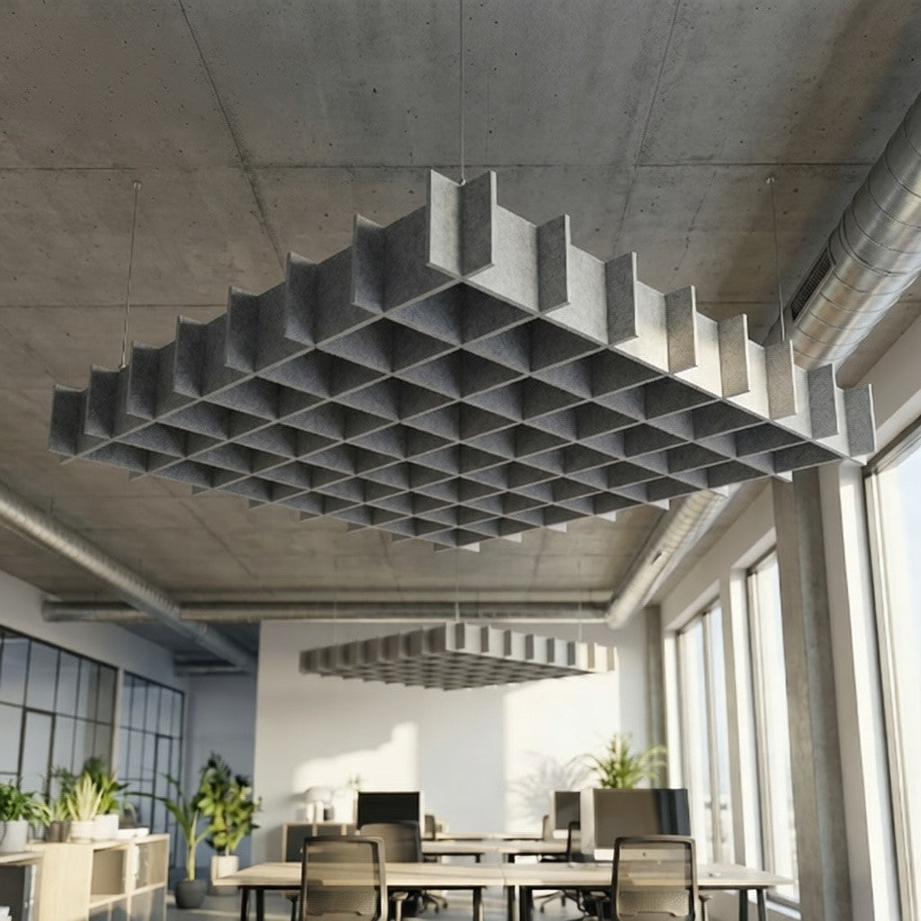 Modern office interior with ceiling baffles