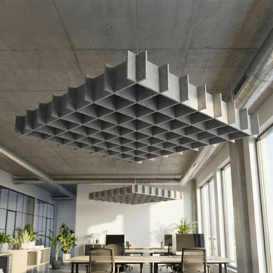 Modern office interior with ceiling baffles