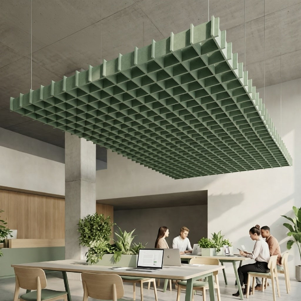 Modern office space with green acoustic baffles on the ceiling
