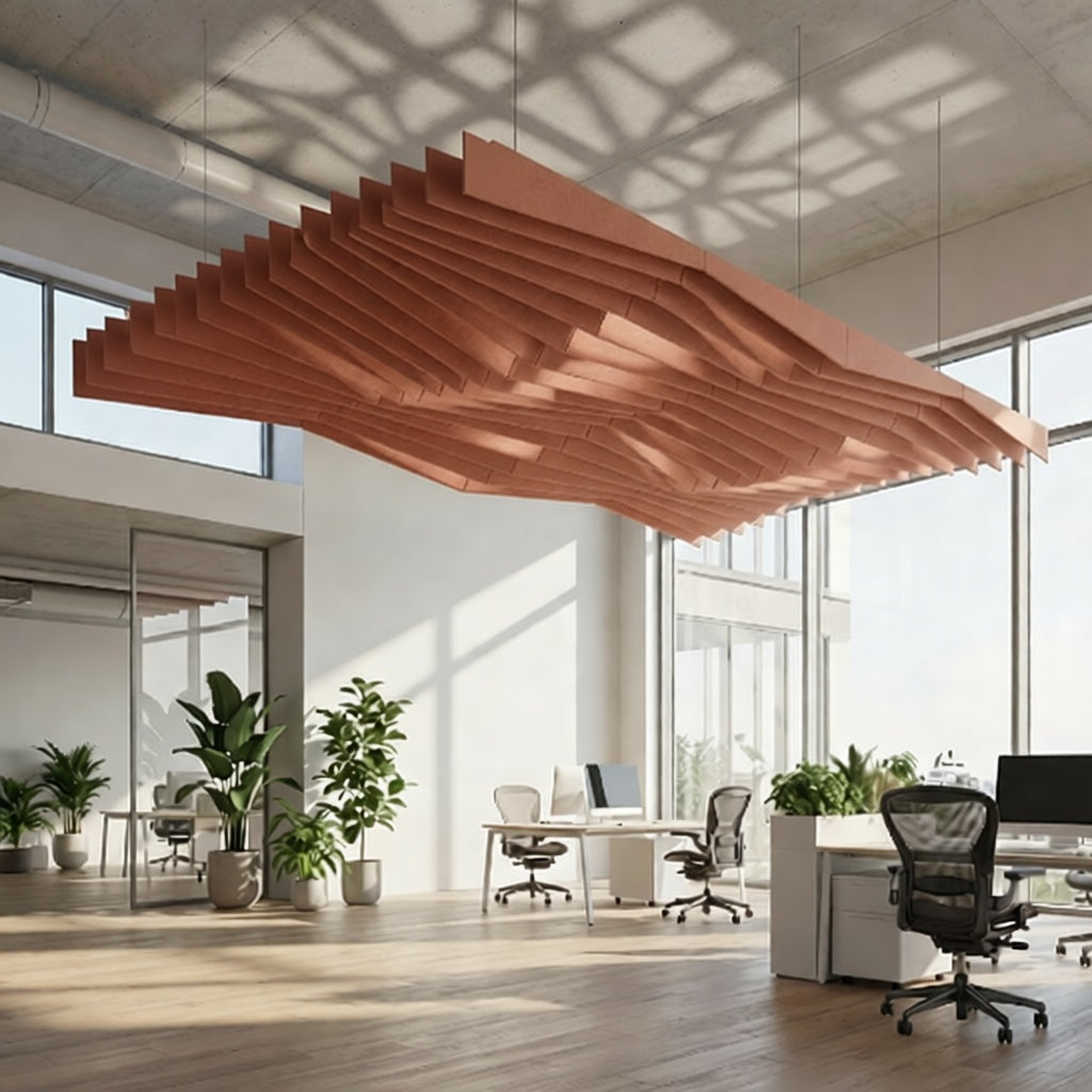 Modern office interior with a suspended ceiling baffle