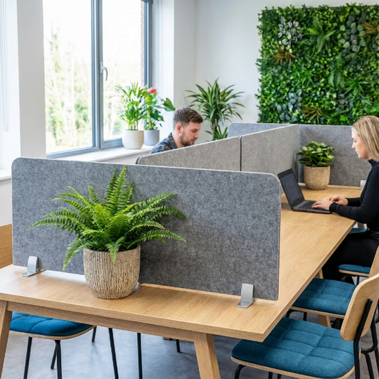 acoustic desk screens in contemporary office workspace