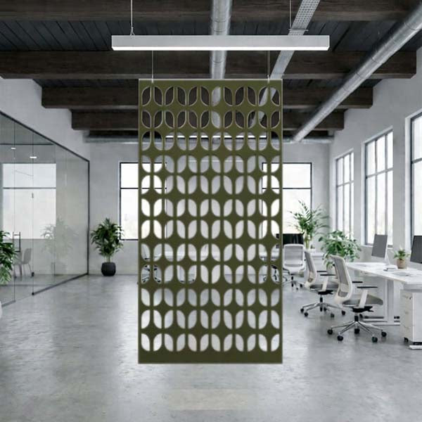 Decorative screen in a modern office setting with desks and chairs.