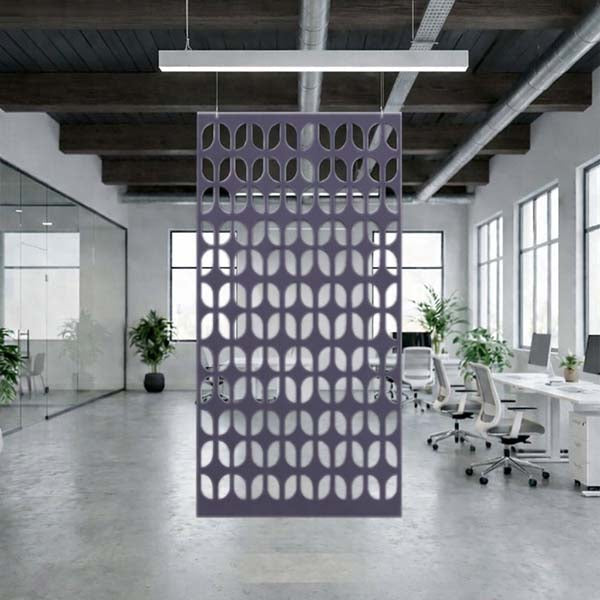 Office area with Ocean Green hanging screen in purple grape