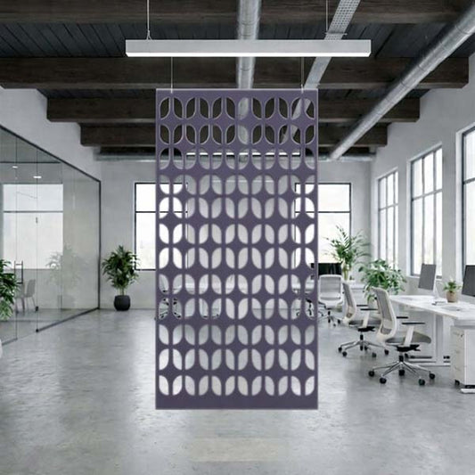 Office area with Ocean Green hanging screen in purple grape