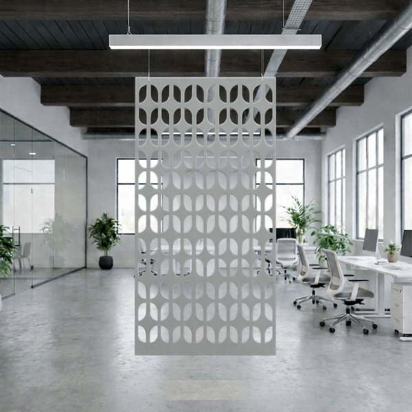 Modern office space with a decorative hanging screen in Chrome Grey
