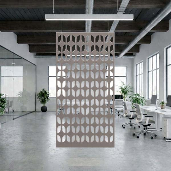 Modern office space with a decorative wall panel in the foreground