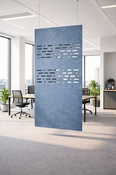 Ocean Green acoustic hanging divider in an office setting with desks and chairs.