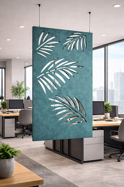 Ocean Green acoustic Teal room divider with leaf pattern in an office setting