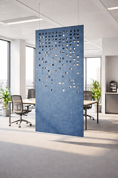 Ocean Green acoustic hanging screen in an office setting with desks and chairs.