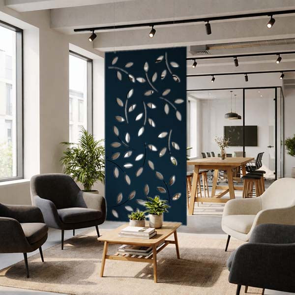 Modern living area with Ocean Green hanging screen in deep ocean blue