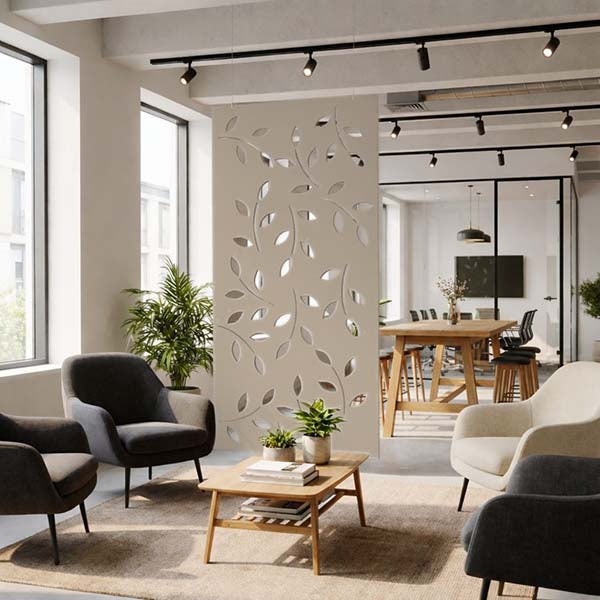 Modern living room with an Ocean Green Hanging Screen in Wheat