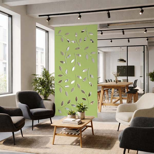Modern living area with Ocean Green hanging screen in apple green