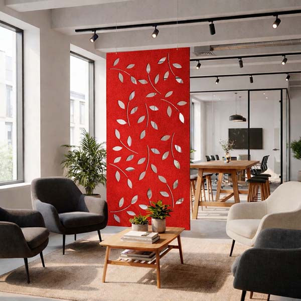 Modern living room with an Ocean Green Hanging Screen in Red