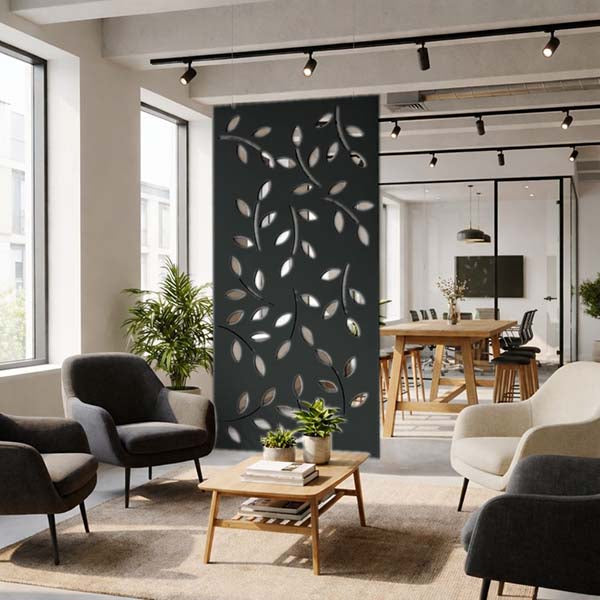 Modern living area with Ocean Green hanging screen in slate marble