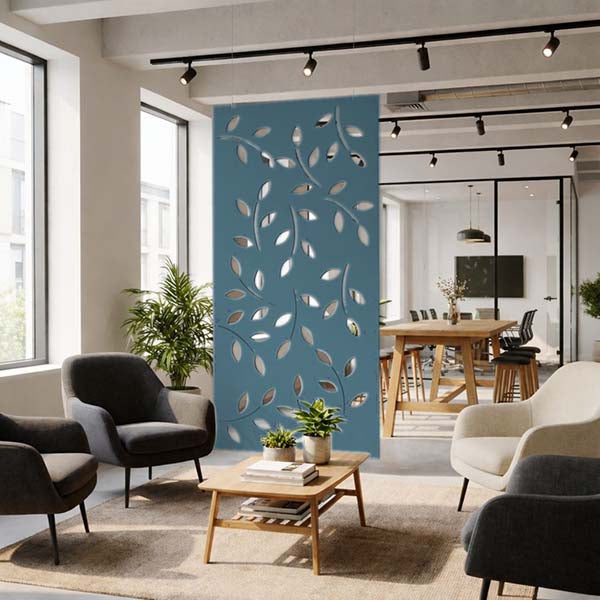 Modern living room with an Ocean Green Hanging Screen in Sage green