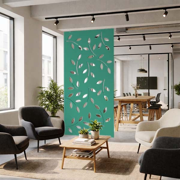 Modern living area with Ocean Green hanging screen in aqua turquoise