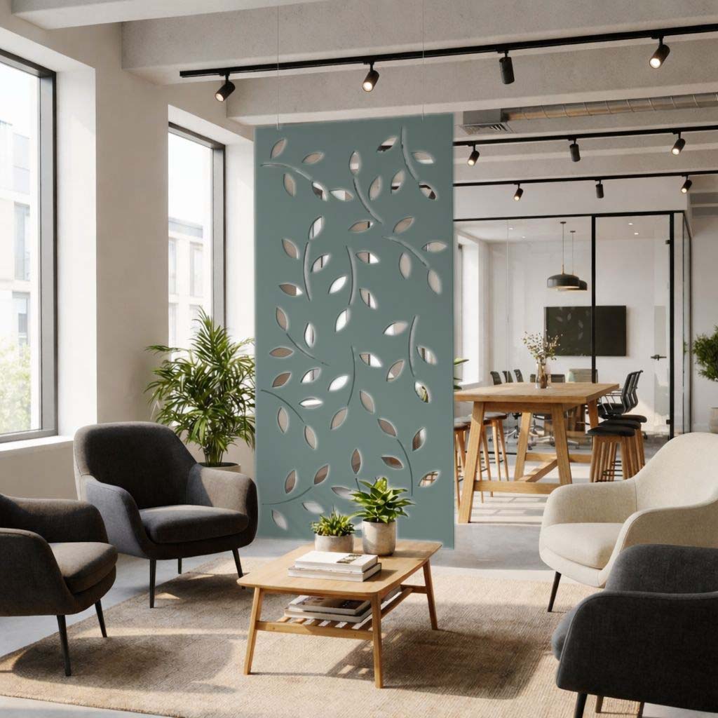 Modern living area with Ocean Green hanging screen in pewter grey