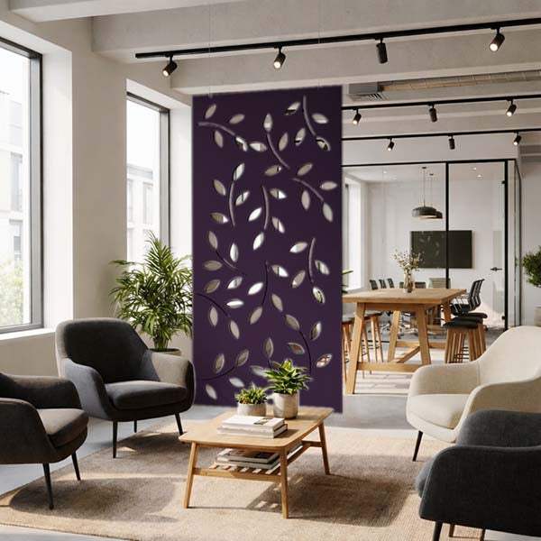 Modern living area with Ocean Green hanging screen in purple grape