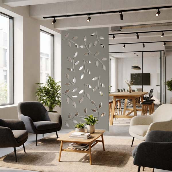 Modern living area with Ocean Green hanging screen in grey silk