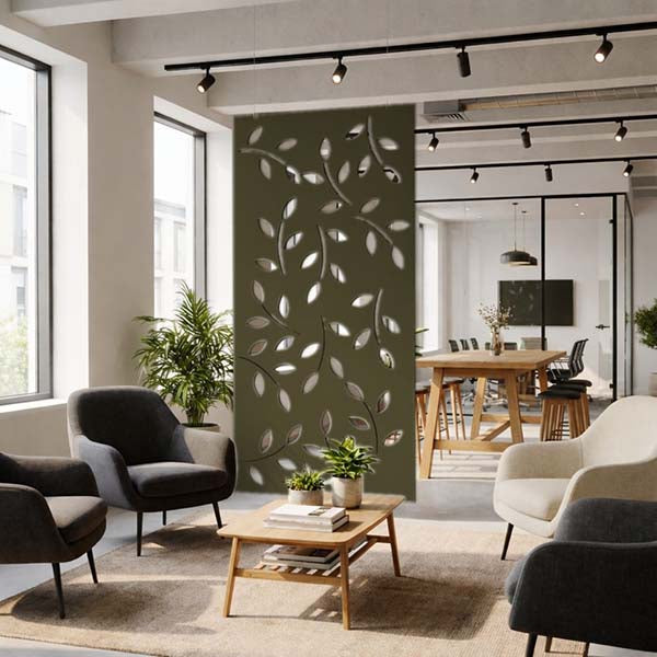Modern living area with Ocean Green hanging screen in woodland moss