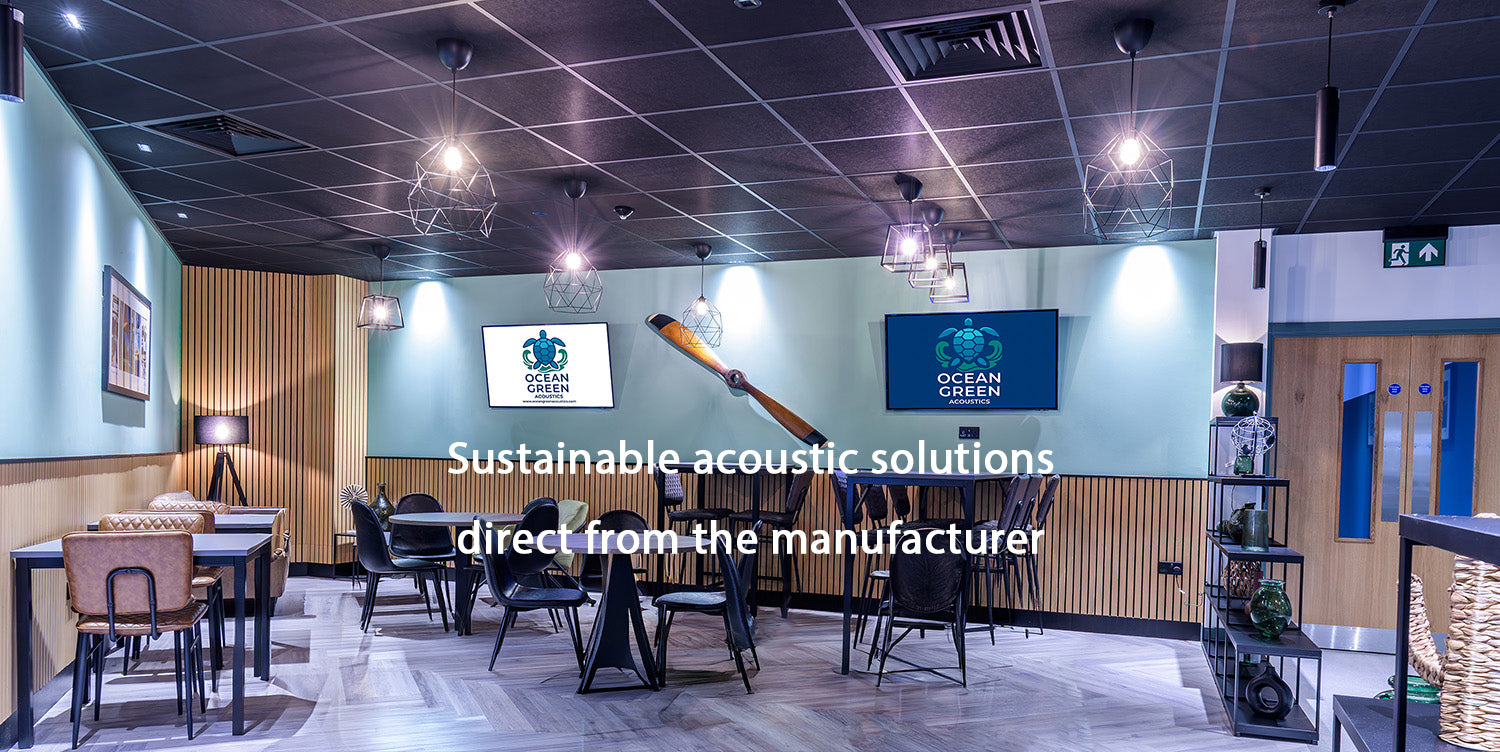 An office breakout area, with acoustic ceiling tiles and wall panels and Ocean Green branding. Sustainable acoustic solutions direct from the manufacturer.