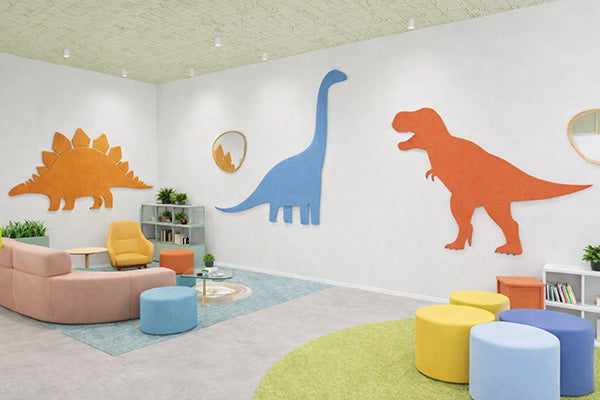 Children's room with dinosaur pinboards and colorful furniture.