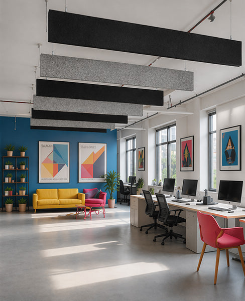 Modern office space with colorful furniture and ceiling baflfles