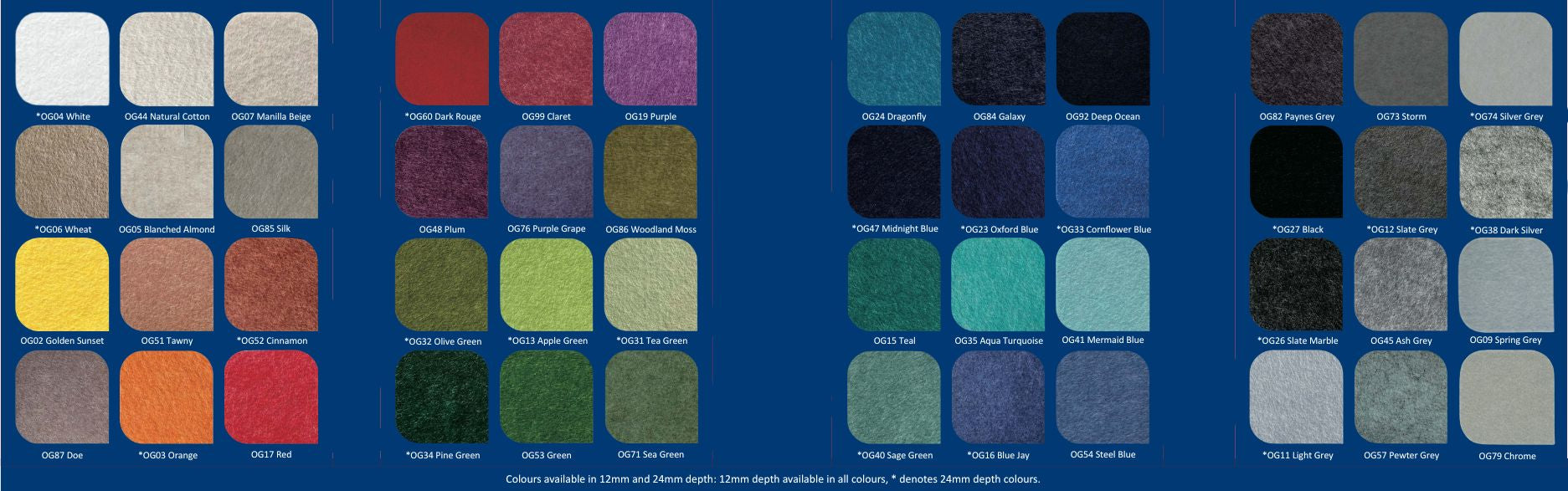 Color swatch chart with 48 colours on a blue background