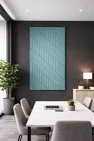 Modern office interior with a geometric Ocean Green wall PET panel on a dark wall.