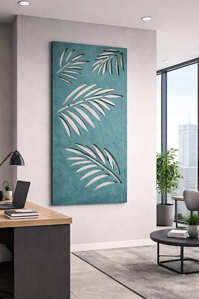 Modern office interior with an Ocean Green acoustic decorative wall panel featuring leaf patterns.