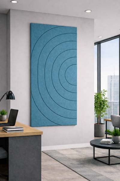Modern office interior with a large Ocean Green blue circular acoustic artwork 